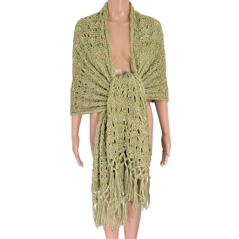 Forest Green Crochet Shawl Wrap Fringe Boho Cottagecore Festival Handmade Long